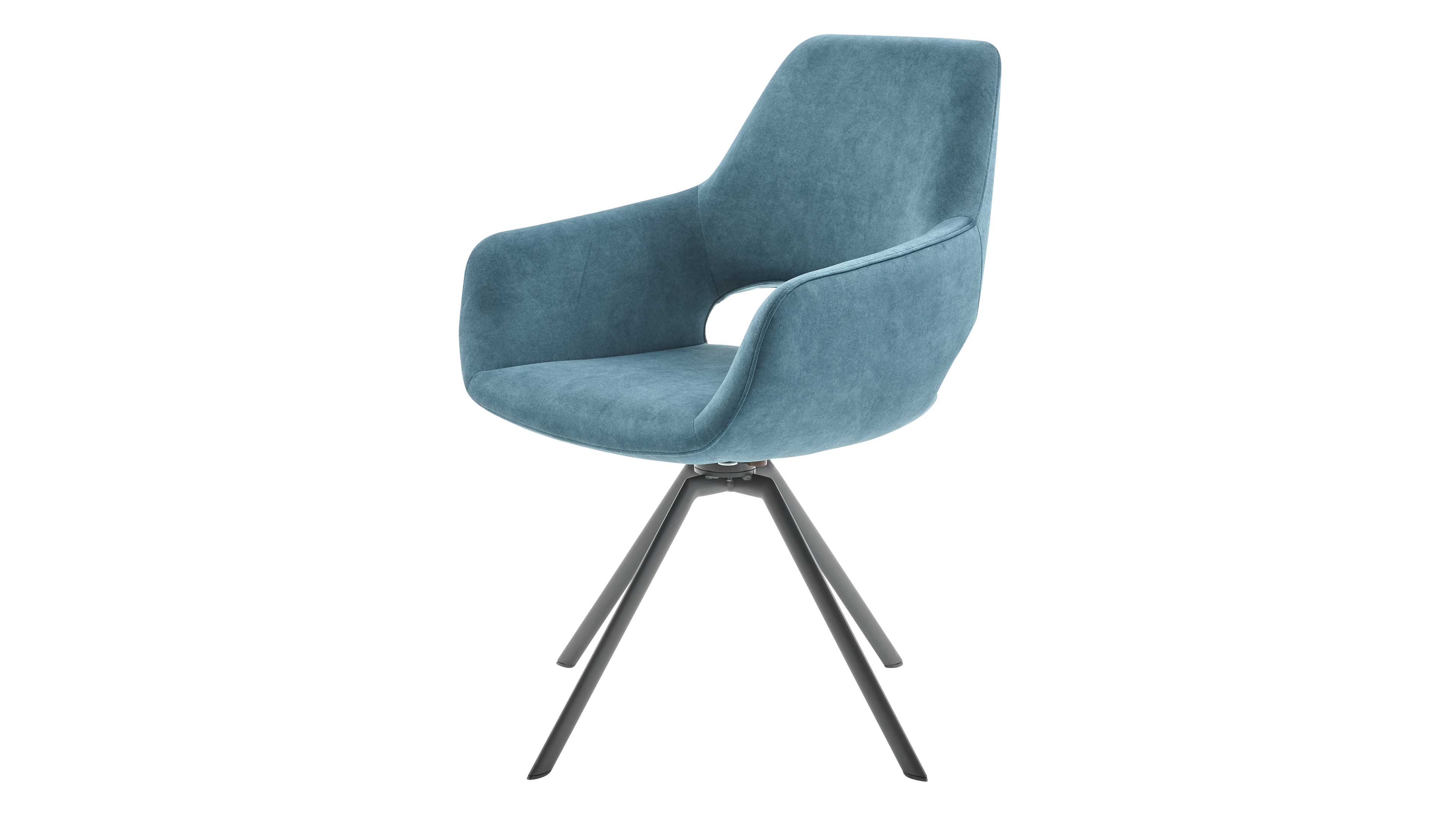 Polsterstuhl in blaugrüner Stoffoptik mit geschwungener, halboffener Sitzschale und vier schlanken, ausgestellten Metallbeinen.