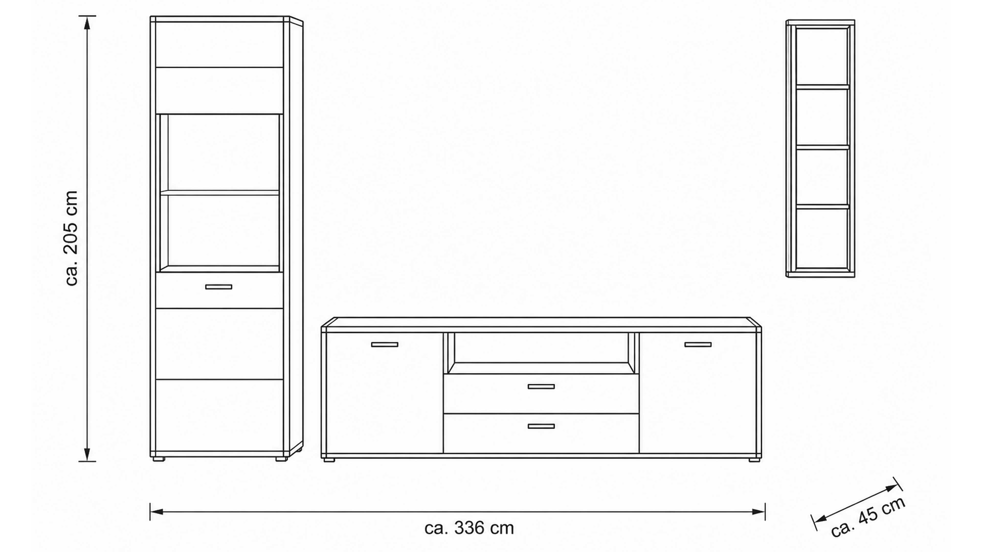Wohnwand in Wildeiche und Akzenten in Steinfurnier mit Vitrine, TV-Lowboard und Wandregal