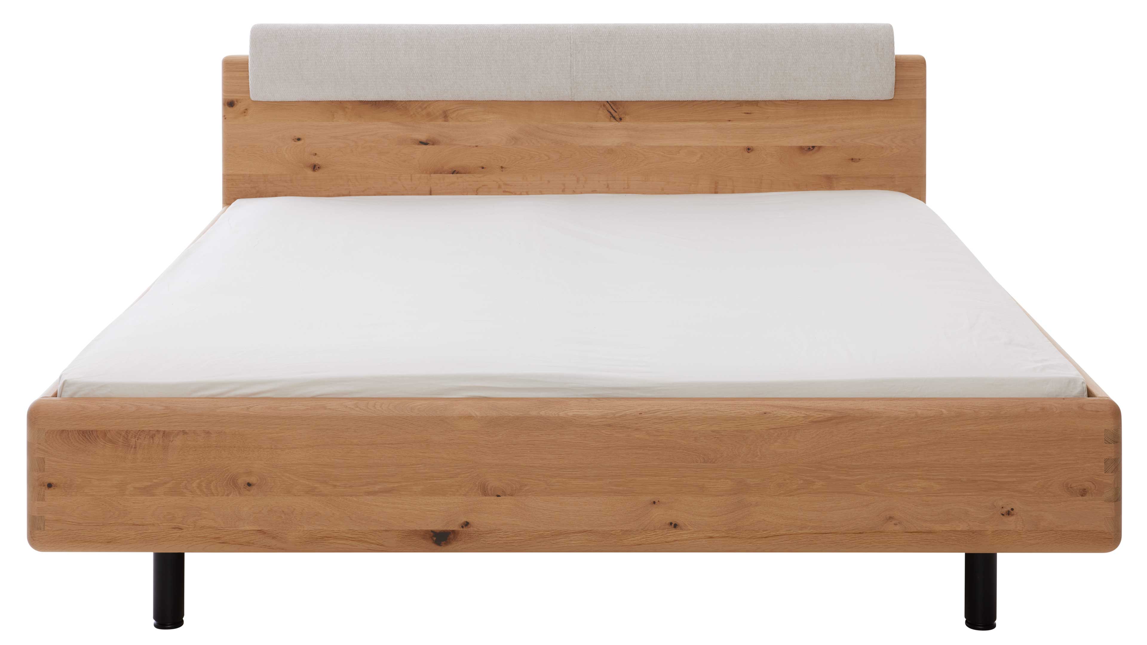 Doppelbett in Wildeiche mit gepolstertem Kopfteil und stabilem Holzrahmen für ein modernes Schlafzimmer