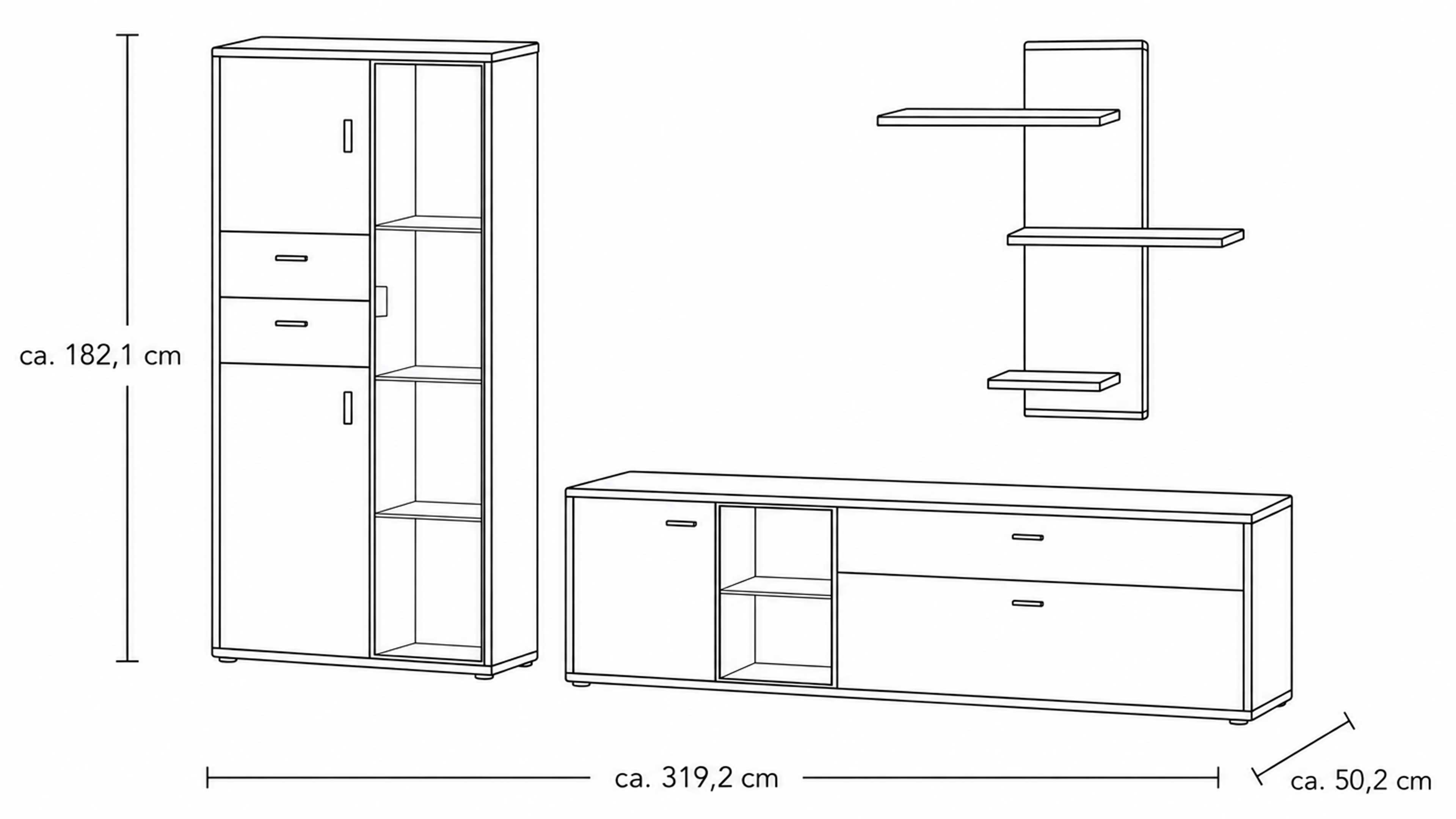 Wohnlösung mit Highboard, TV-Unterteil und Wandpaneel mit Eichefurnier und Schwarzglas