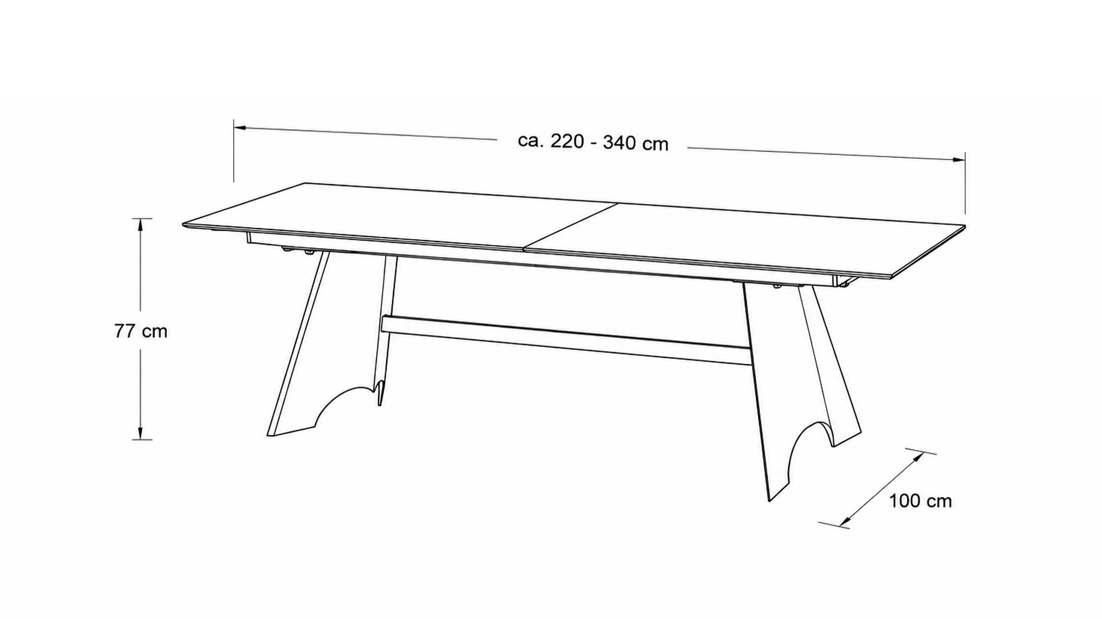 Ausziehtisch mit Glas-Keramik-Oberfläche in Oxidoptik und schwarzem Metallgestell für moderne Esszimmer und flexible Platzgestaltung