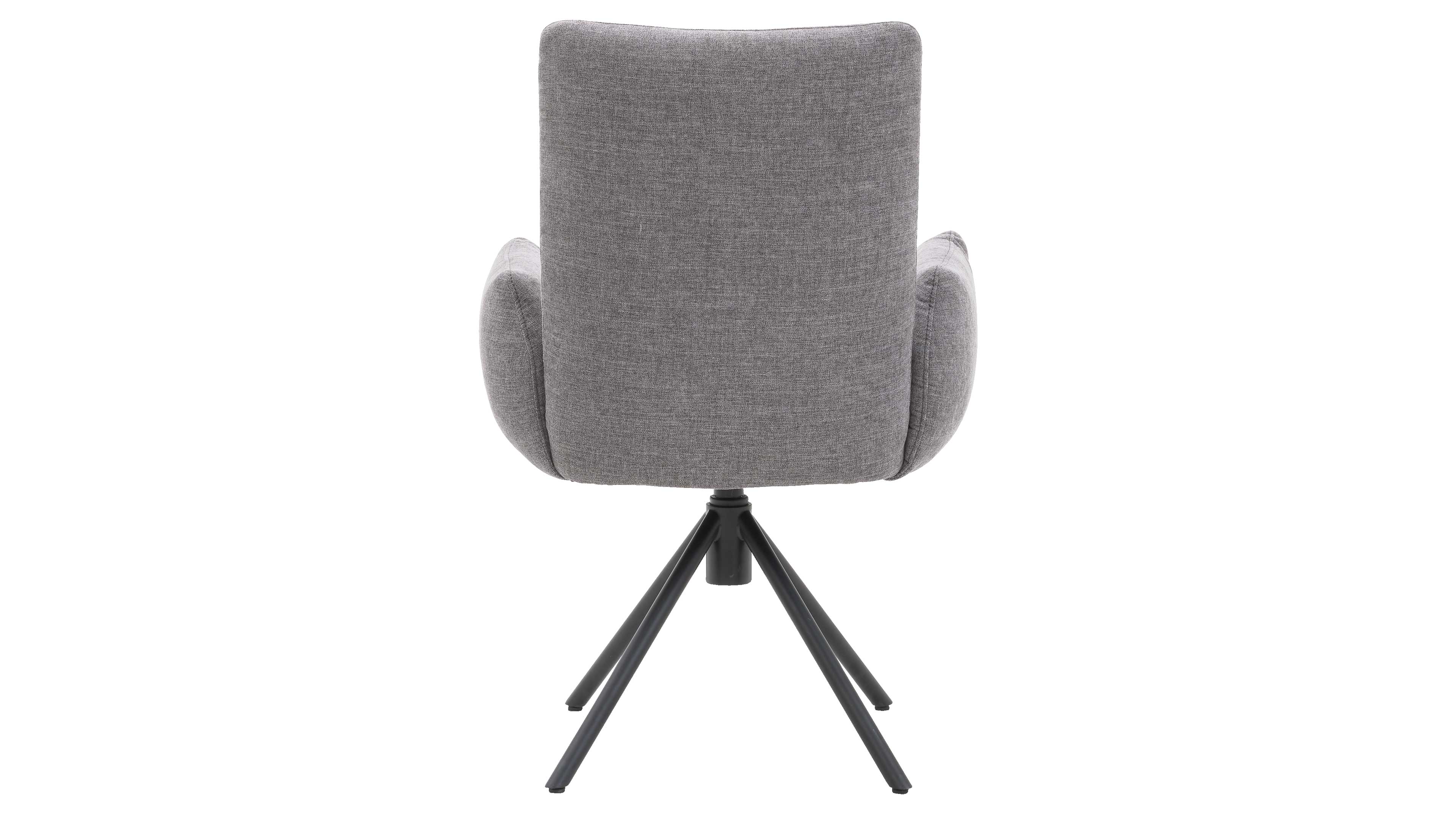 Rückansicht eines grauen, gepolsterten Schwenkstuhls mit abgerundeten Armlehnen und vier schwarzen, schräg gestellten Metallbeinen.