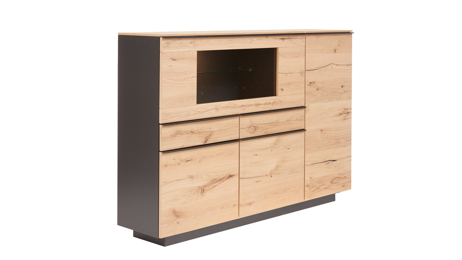 Highboard Die hausmarke | il aus Holz in Schwarz Interliving Wohnzimmer Serie 2103 – Highboard 560813 mit Beleuchtung schieferschwarzer Lack & Asteiche - zwei Türen, zwei Schubladen, eine Klappe