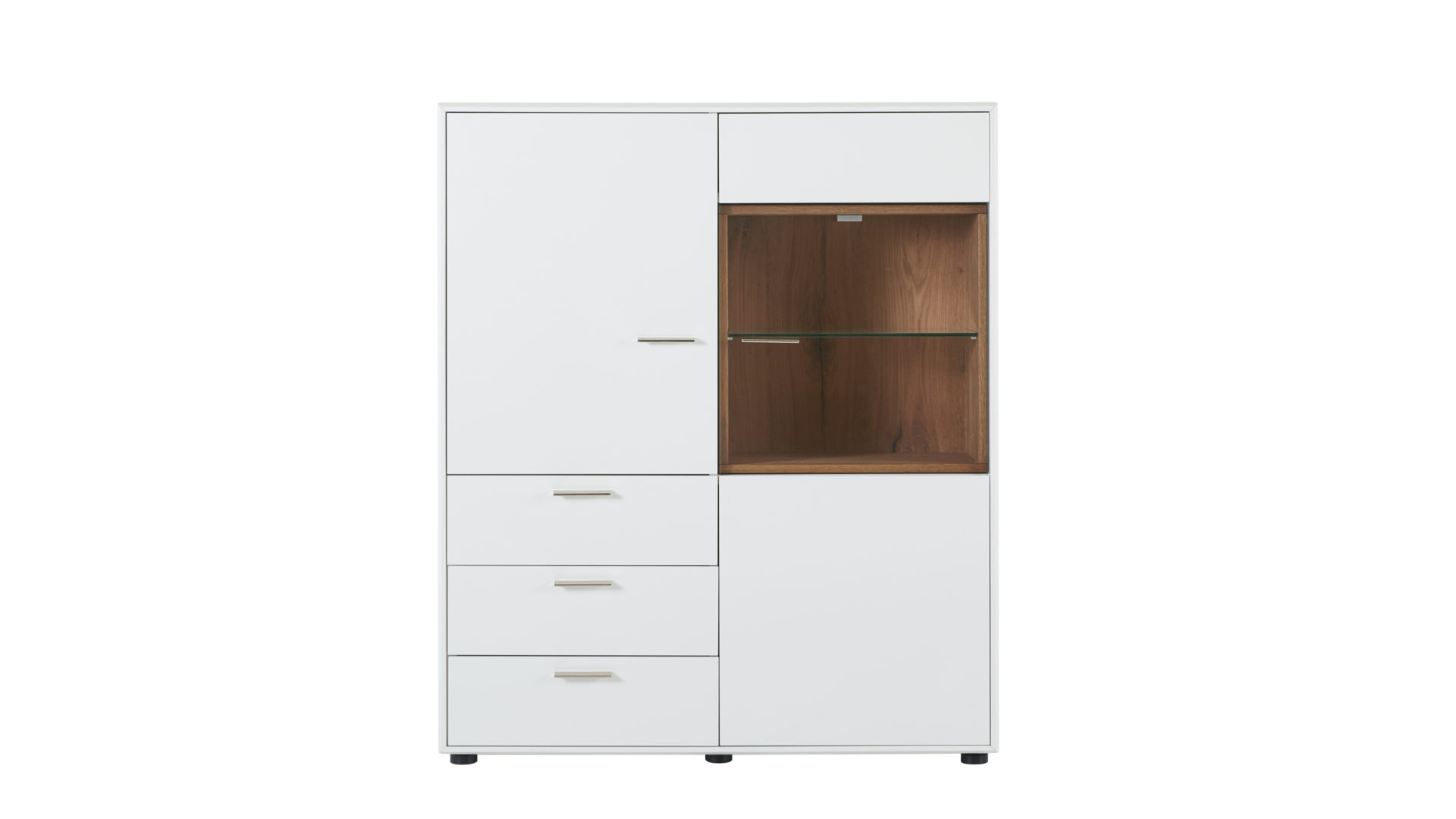 Highboard Die hausmarke | il aus Holz in Weiß Interliving Wohnzimmer Serie 2102 - Highboard 510541 mit Beleuchtung dunkles Asteiche-Furnier & weißer Mattlack – drei Türen, drei Schubladen