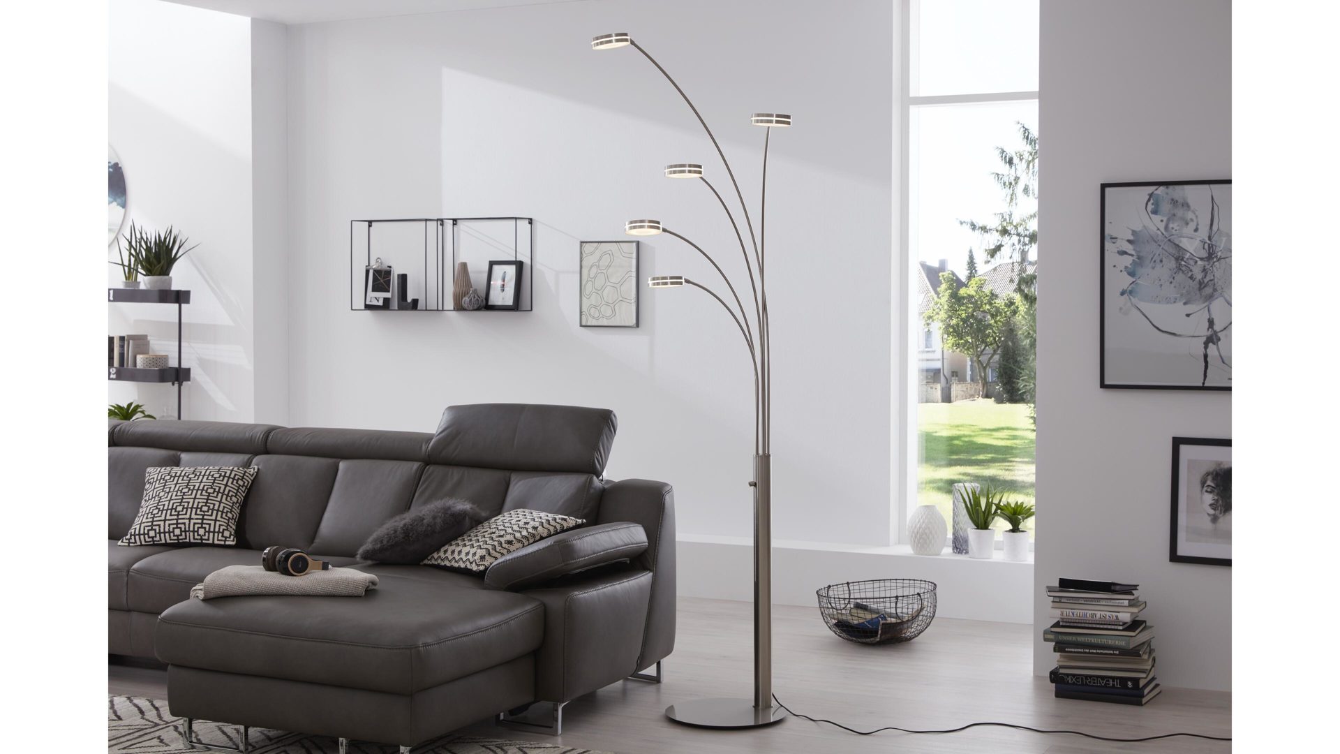 Stehleuchte Fischer & honsel | il aus Metall in Metallfarben Interliving Leuchten Serie 9303 – Stehleuchte Nickel matt & Chrom, weißes Acrylglas – Höhe ca. 220 cm