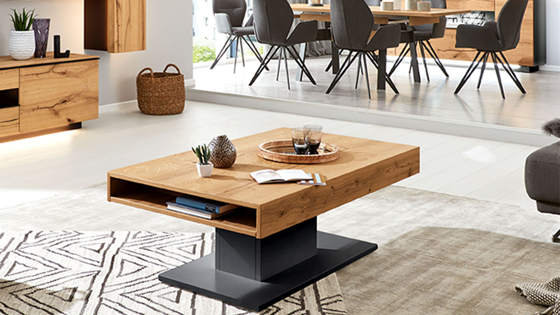 Couchtisch Die hausmarke | il aus Holz in Schwarz Interliving Wohnzimmer Serie 2103 – Couchtisch schieferschwarzer Lack & Asteiche - ca. 125 x 75 cm