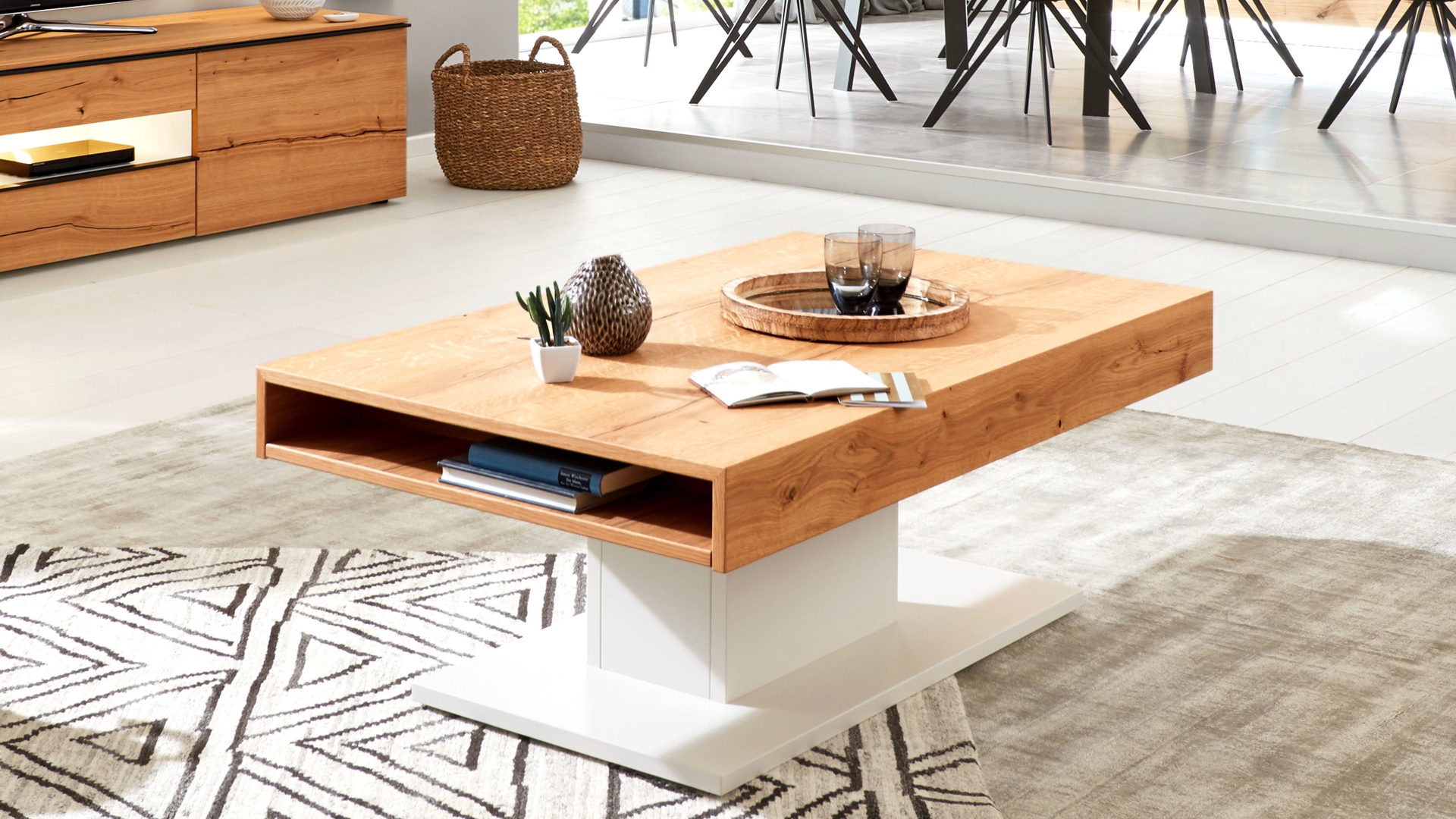 Couchtisch Die hausmarke | il aus Holz in Weiß Interliving Wohnzimmer Serie 2103 – Couchtisch mattweißer Lack & Asteiche – ca. 125 x 75 cm