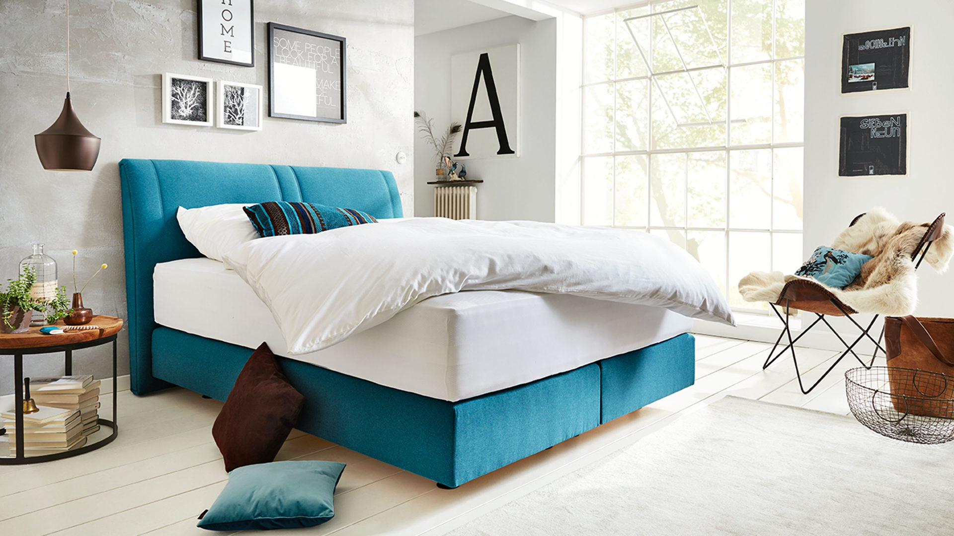 Boxspringbett Oschmann | il aus Stoff in Blau Interliving Boxspringbett Serie 1401 petrolfarbener Stoffbezug Neo 485200 – Liegefläche ca. 160 x 200 cm