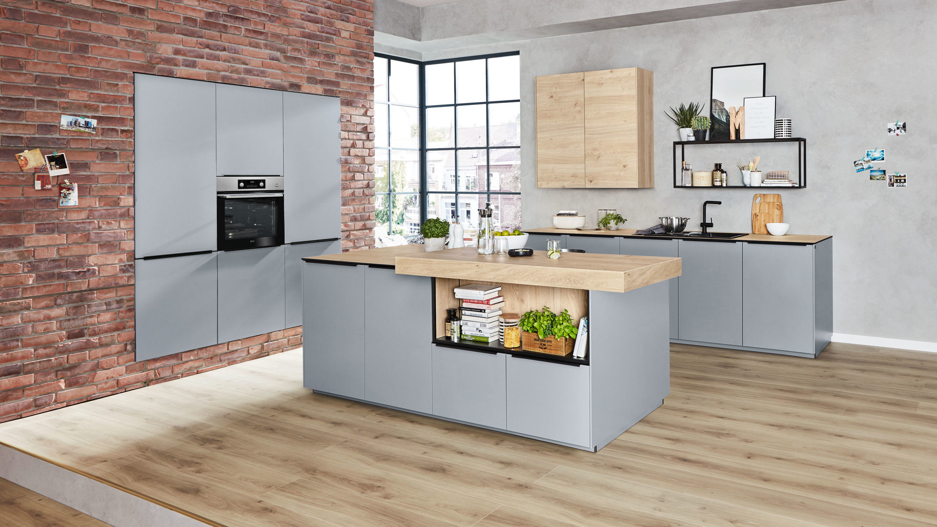 Einbauküche Nolte kÜchen (auch il) aus Holz in Grau Interliving Küche Serie 3025 mit AEG Einbaugeräten papyrusgraue & asteichefarbene Kunststoffoberflächen – dreiteilig