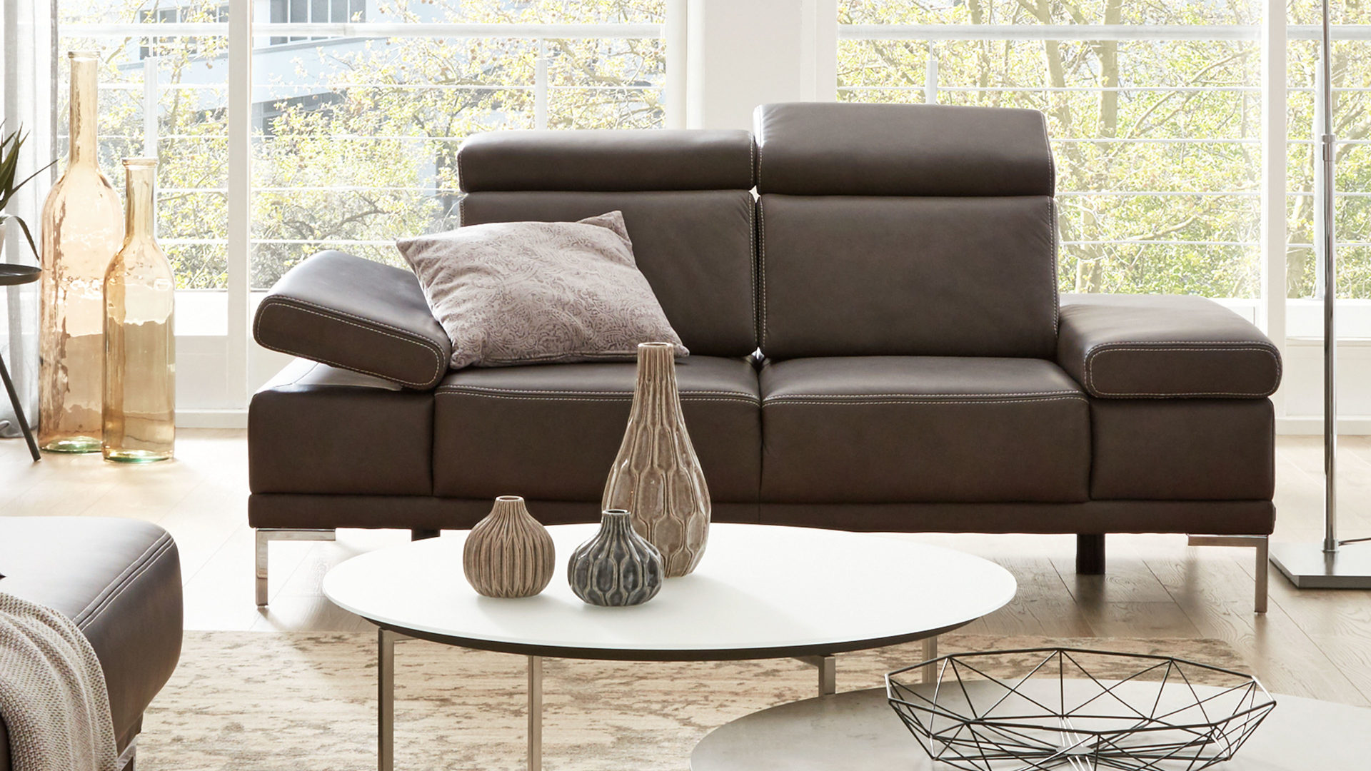 Zweisitzer Dietsch | il aus Leder in Grau Interliving Sofa Serie 4251 – Zweisitzer mit Funktionen dunkelgraues Leder Vintage grey & Metallfüße – Breite ca. 250 cm