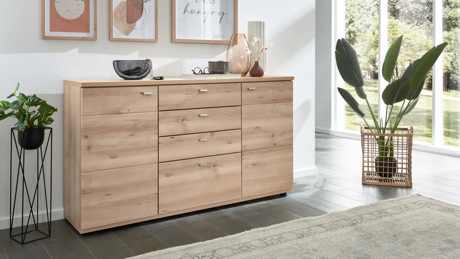 Sideboard Interliving aus Holz in Holzfarben Interliving Wohnzimmer Serie 2110 - Sideboard C15061 Naturbuche - zwei Türen, vier Schubladen, Breite ca. 150 cm