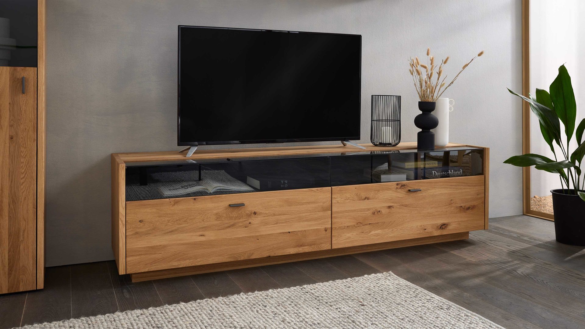 Lowboard Interliving aus Holz in Holzfarben Interliving Wohnzimmer Serie 2027 - Lowboard 02 Asteiche - zwei Schubladen, Länge ca. 216 cm