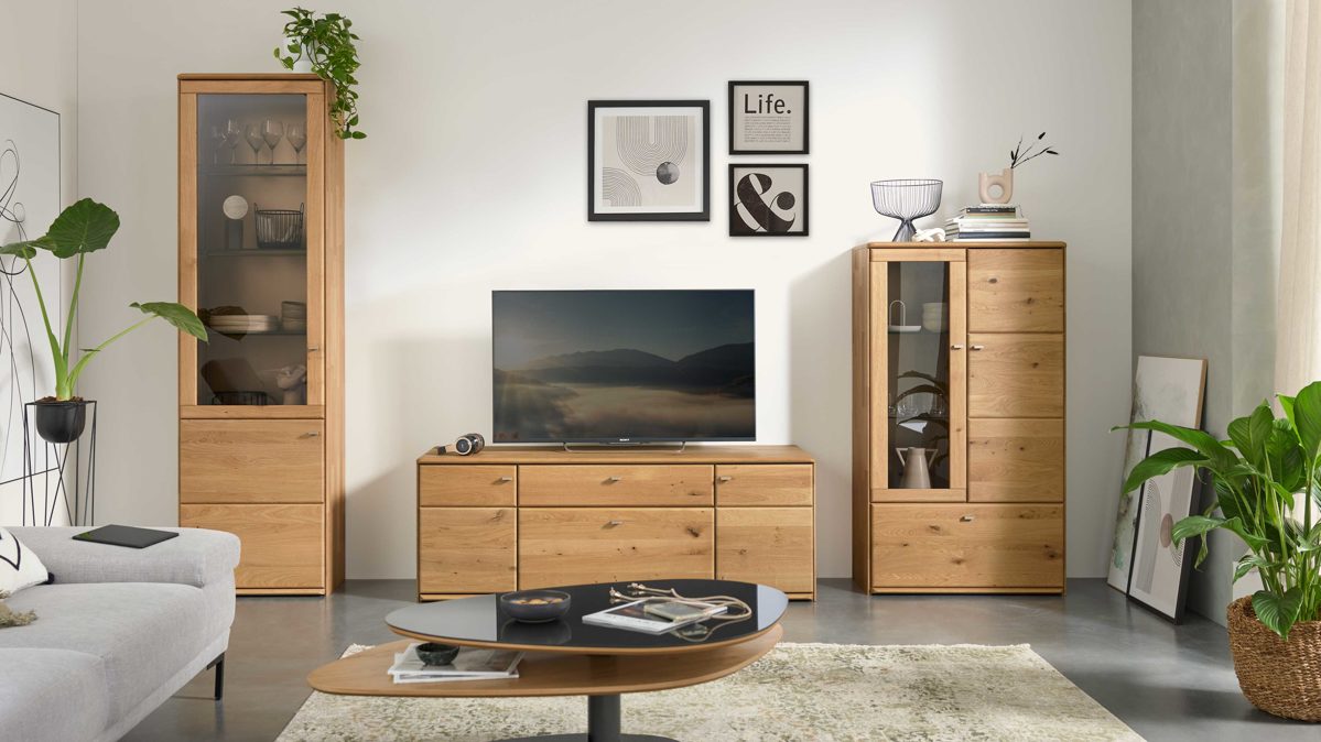 Wohnwand Interliving aus Holz in Holzfarben Interliving Wohnzimmer Serie 2028 - Wohnwand Wildeiche - dreiteilig, Länge ca. 337 cm