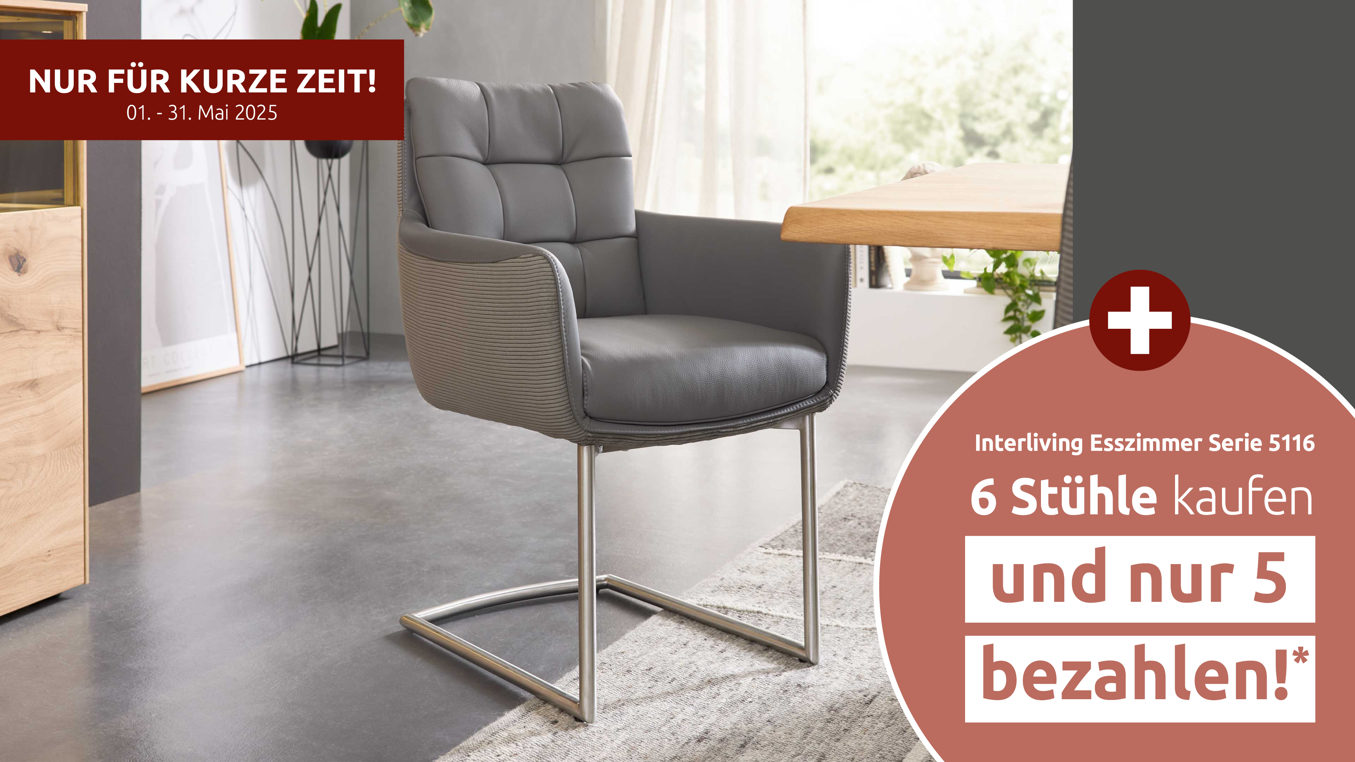 Schwingstuhl Interliving aus Leder in Grau Interliving Esszimmer Serie 5116 – Armlehn-Schwingstuhl grauer Materialmix Leder & Cord Fo-Sh, Edelstahlgestell F3