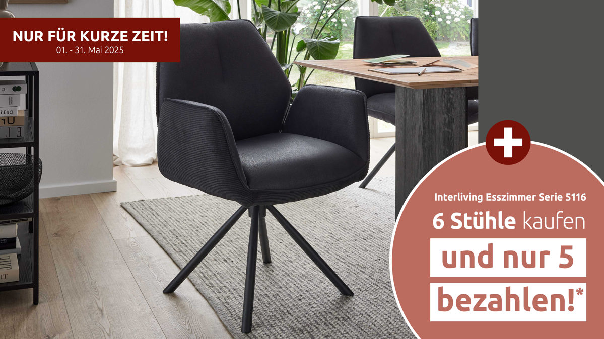 Vierfußstuhl Interliving aus Stoff in Schwarz Interliving Esszimmer Serie 5116 – Armlehnstuhl mit Drehfunktion carbonschwarzer Materialmix Mikrofaser & Cord Ni-Co, schwarzes Gestell F37
