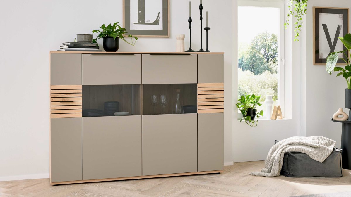 Highboard Interliving aus Holz in Grau Interliving Wohnzimmer Serie 2032 - Highboard B18071 Grau & Balkenbuche - vier Türen, Breite ca. 180 cm