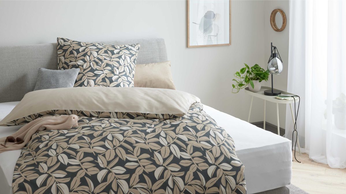 Bettwäsche-Set Interliving aus Stoff in Anthrazit Interliving Bettwäsche Serie 9131 floral anthrazitfarbener & beiger Baumwollsatin - ca. 135 x 200 cm