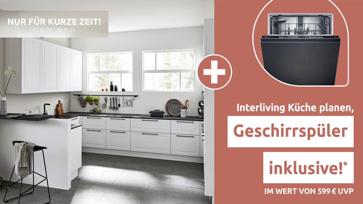 Einbauküche Interliving aus Holz in Grau Interliving Küche Serie 3045 mit AEG Einbaugeräten Weiß – Stellfläche ca. 285 x 400 cm