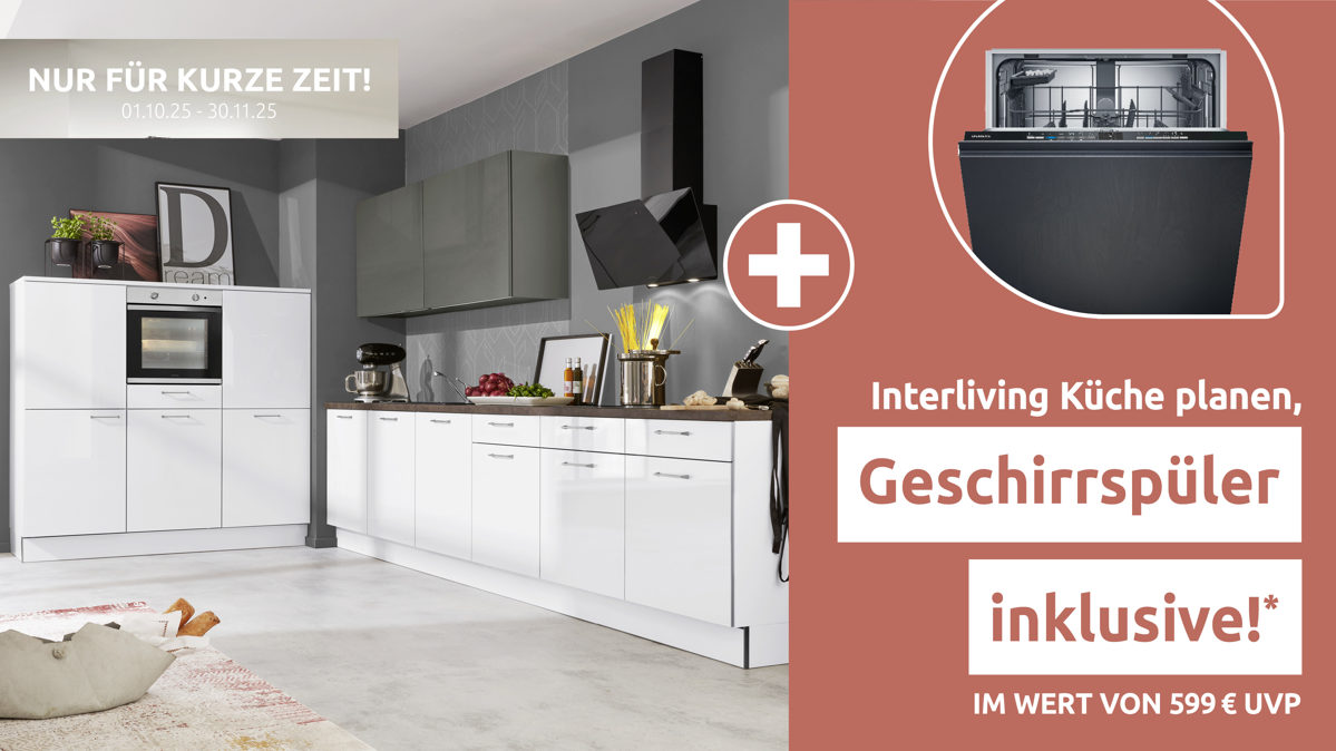 Einbauküche Interliving aus Holz in Weiß Interliving Küche Serie 3051 mit privileg Einbaugeräten Arctiweiß & Quarzgrau Hochglanz – zweizeilig