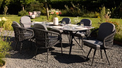 Gartenmöbel-Set Interliving aus Metall in Grau Interliving Gartenmöbel Serie 7012 - Essgruppe mit Diningsesseln hellgrauer Olefin-Teddybezug, Rope, gesinterter grauer Stein & anthrazitfarbenes Aluminium