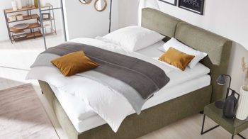 Polsterbett Interliving aus Stoff in Dunkelgrün Interliving Bettsystem Serie 1414 - Polsterbett olivgrüner Stoffbezug GCP 333 - Liegefläche ca. 180 x 200 cm