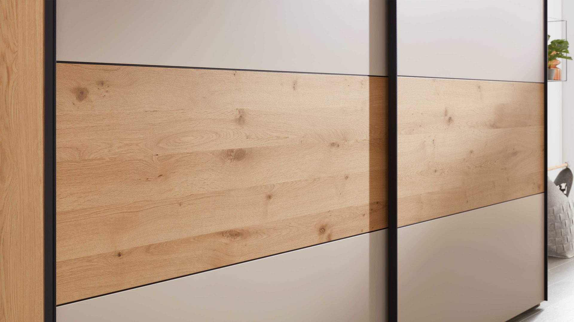 Kleiderschrank Interliving aus Holz in Beige Interliving Schlafzimmer Serie 1024 – Schwebetürenschrank Design 27,  Sand & Balkeneiche - zwei Türen, Breite ca. 271 cm