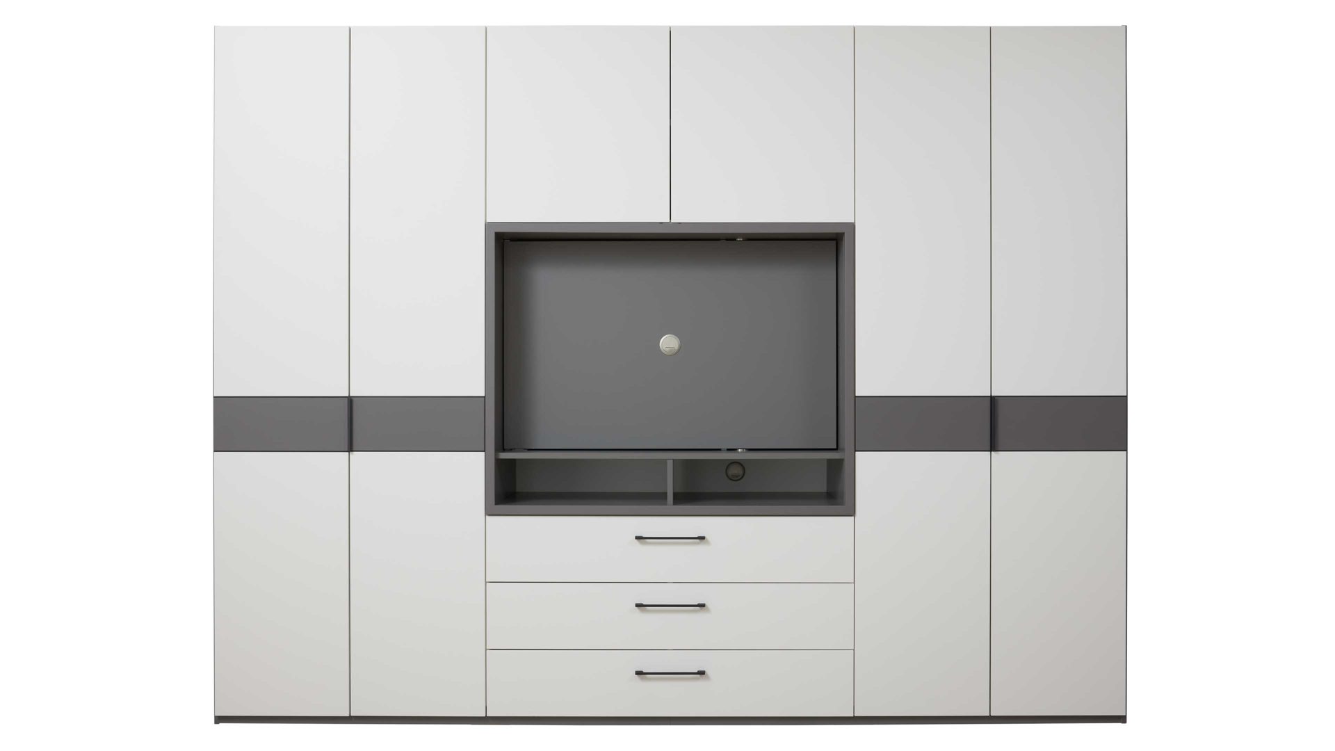 Kleiderschrank Interliving aus Holz in Grau Interliving Kleiderschrank Serie 1207 – Kleiderschrank mit TV-Nische Weiß & Manhattan – sechs Türen, zwei Schubladen, Breite ca. 302 cm