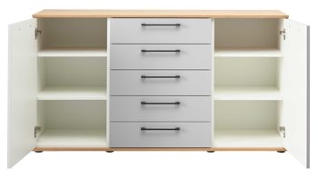 Kombikommode Interliving aus Holz in Hellgrau Interliving Kleiderschrank Serie 1207 – Kombikommode 670065 Satingrau & Wildeiche – zwei Türen, fünf Schubladen, Breite ca. 151 cm