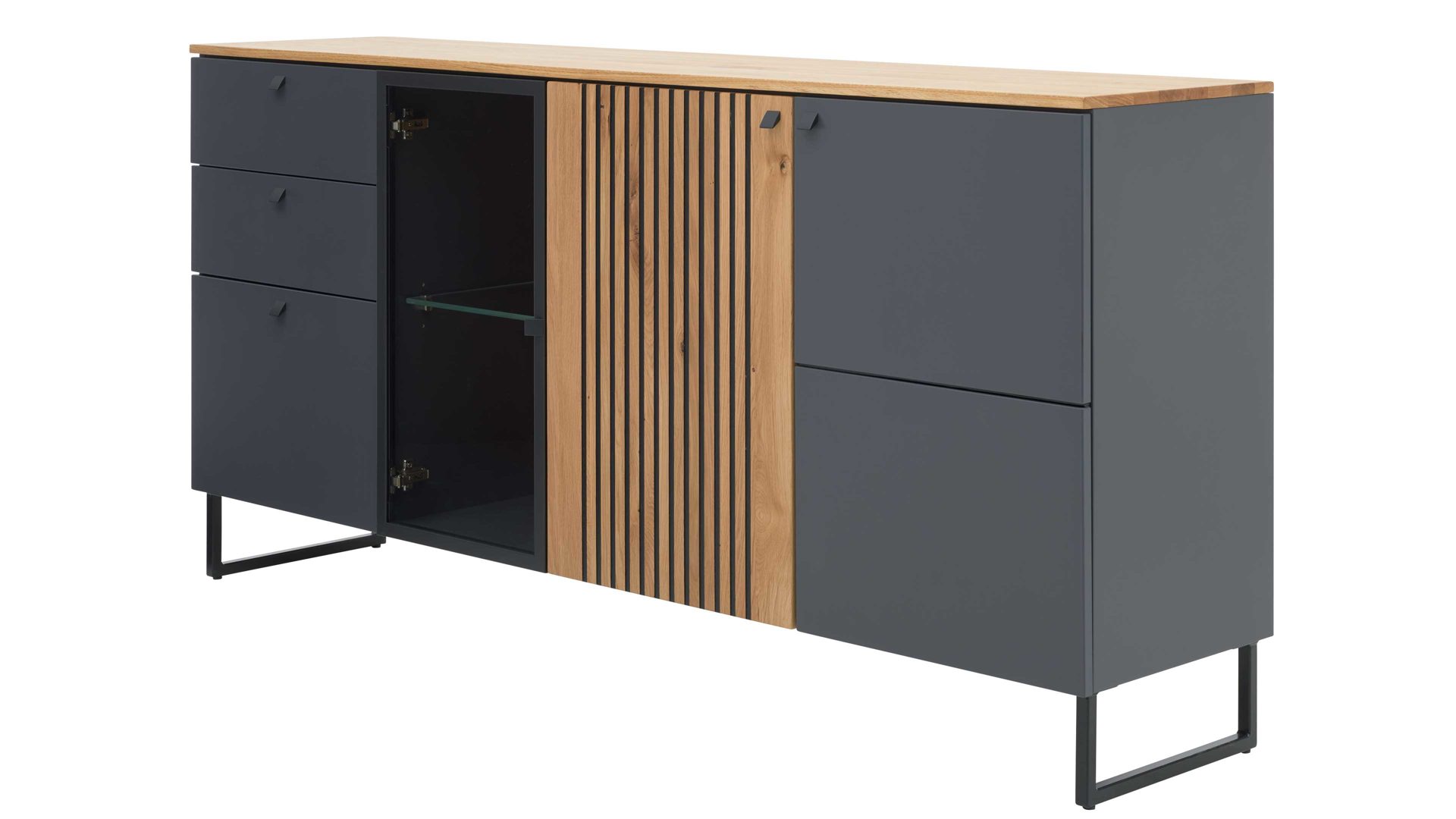 Sideboard Interliving aus Holz in Dunkelgrau Interliving Esszimmer Serie 5605 – Sideboard 5704 quarzgrauer Lack & Charakter-Eiche - drei Türen, drei Schubladen, Breite ca. 183 cm