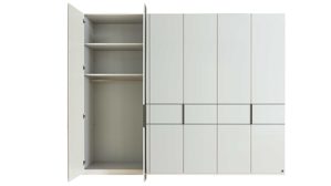 Möbelbeleuchtung Interliving aus Holz in Weiß Interliving Schlafzimmer Serie 1033 – Kleiderschrank 605 mit Beleuchtung weißes Glas & Holz – sechs Türen, Breite ca. 300 cm