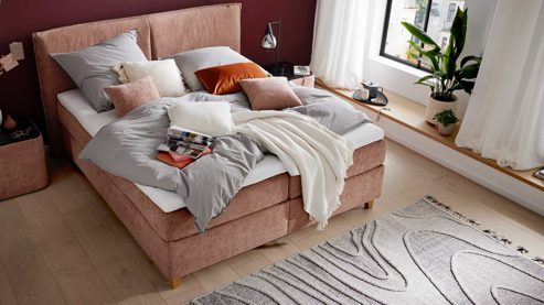 Boxspringbett Interliving aus Stoff in Rosa Interliving Boxspringbett Serie 1420 sienfarbene Chenille Toni & Wildeichefüße - Liegefläche ca. 180 x 200 cm