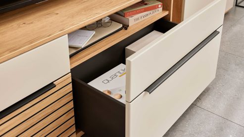 Wohnwand Interliving aus Holz in Beige Interliving Wohnzimmer Serie 2032 - Wohnwand Sandbeige & Risseiche - Länge ca. 315 cm