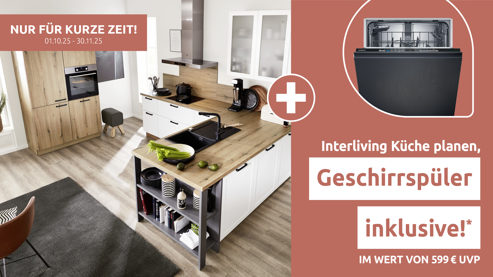 Einbauküche Interliving aus Holz in Weiß Interliving Küche Serie 3029 mit AEG-Einbaugeräten Mattweiß, Quarzgrau & Vulkaneiche - zweizeilig